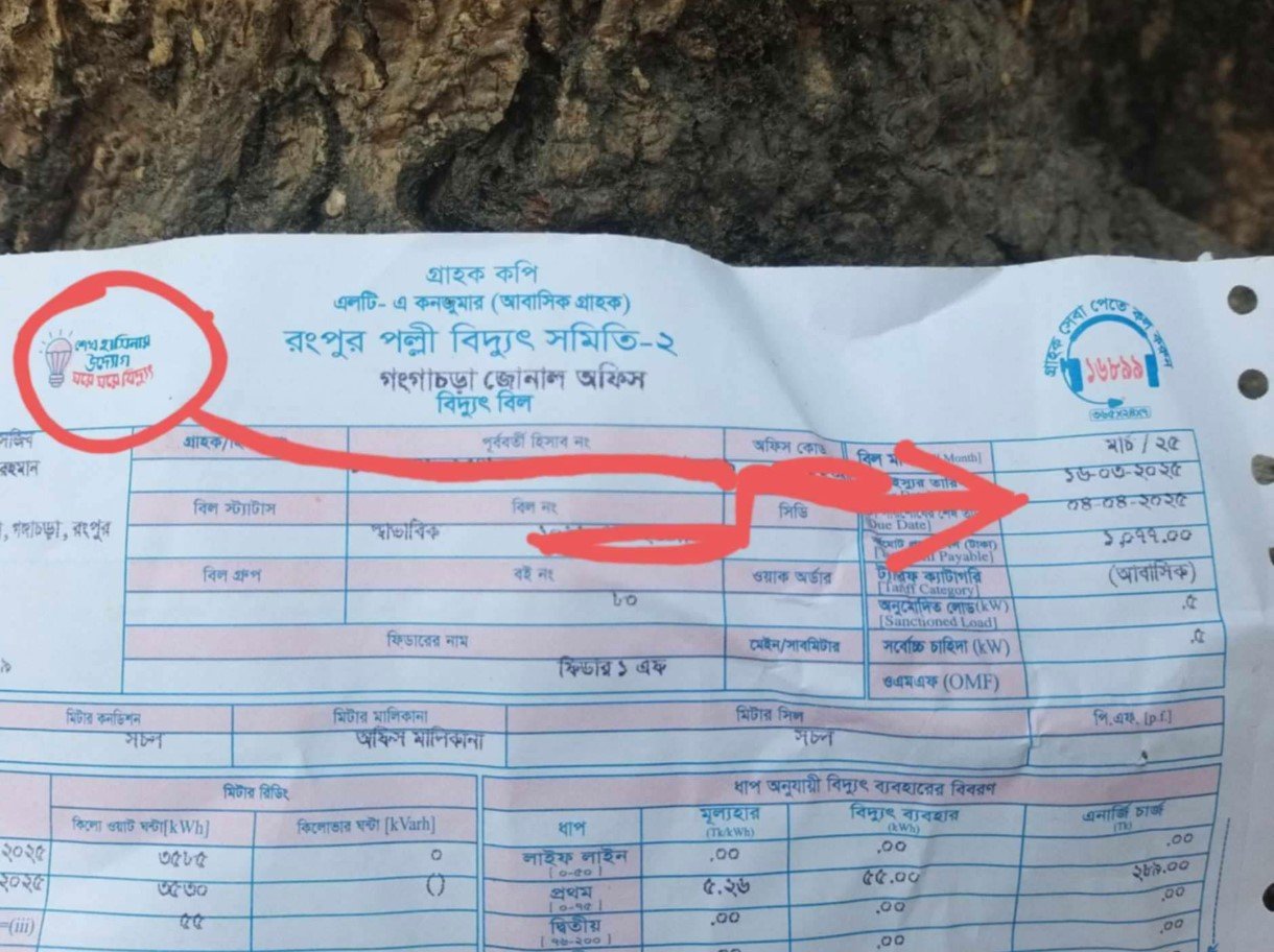 আ.লীগ সরকারের পতনের ৮ মাস পরও বিদ্যুৎ বিলে শেখ হাসিনার স্লোগান